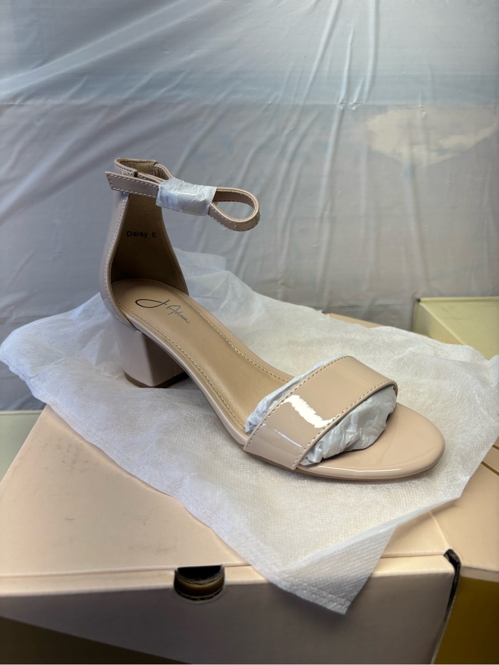 J Adams Nude Patent Block Heel Sandal with Ankle Strap